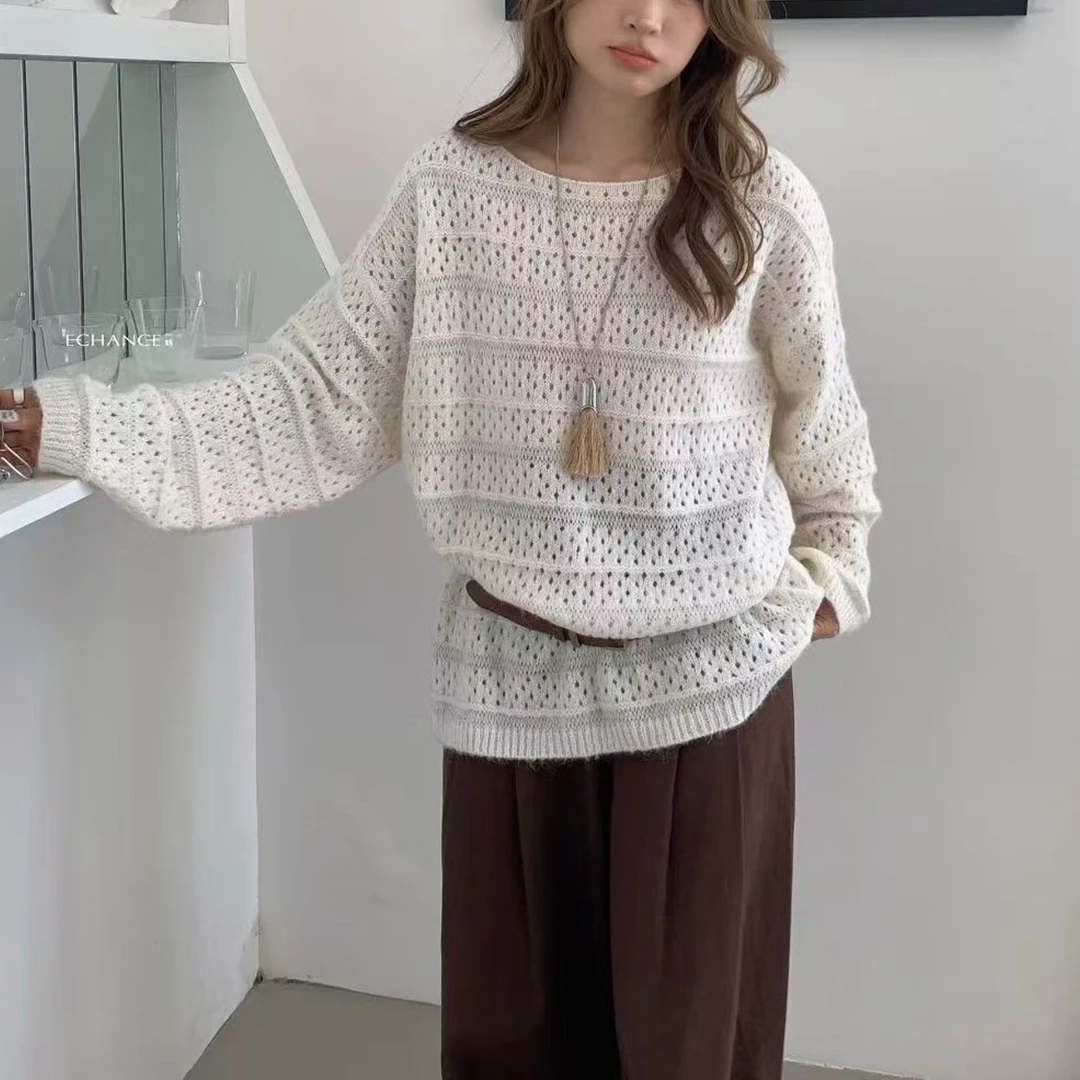 2025秋款韩系时尚通勤镂空针织衫上衣宽松显瘦洋气宽松带腰带毛衣