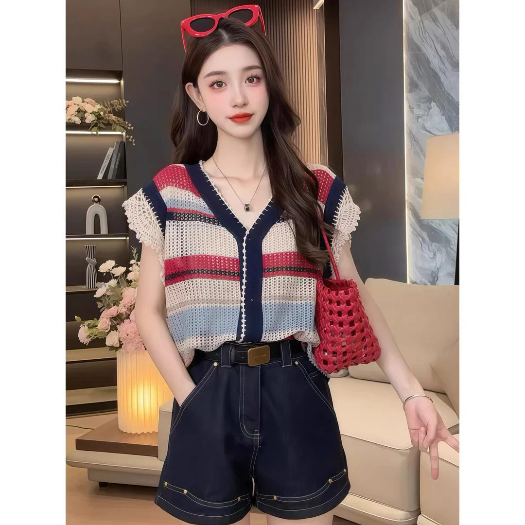 彩色条纹短袖镂空针织衫女2025夏季新款外搭冰丝开衫超好看薄上衣