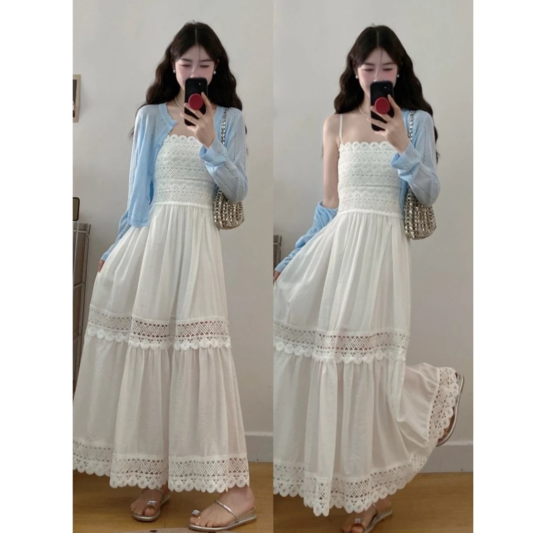 大码夏季新款气质设计感蕾丝拼接吊带裙蓝色开衫两件套