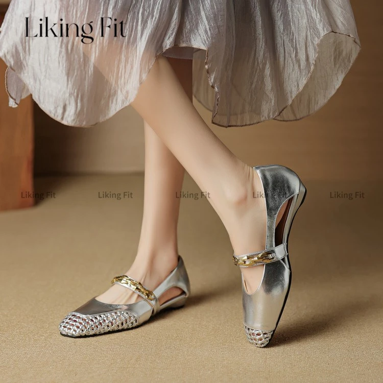 Liking Fit2025新款法式方头镂空真皮时尚简约百搭低跟中空凉鞋女