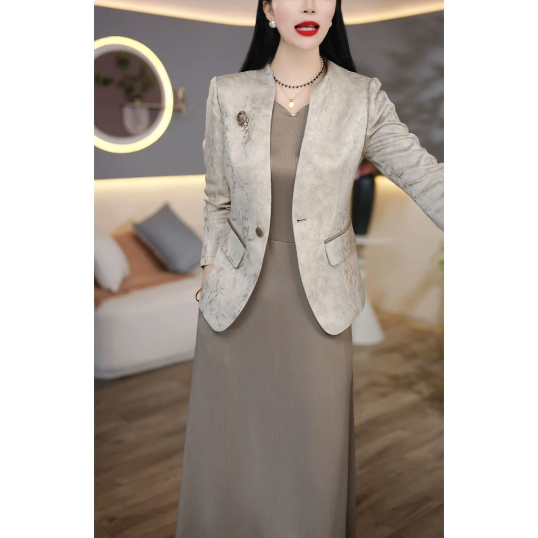 2025秋季时尚新款气质开衫西服外套搭配宽松显瘦过膝连衣裙两件套