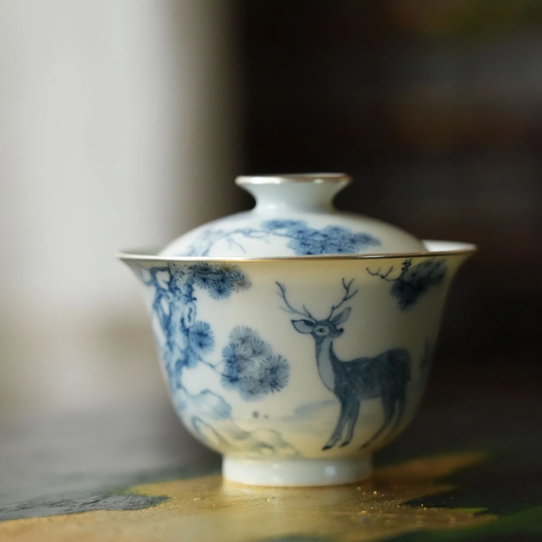 【雲梦茶器】雲由山坊-青花林深见鹿银口盖碗