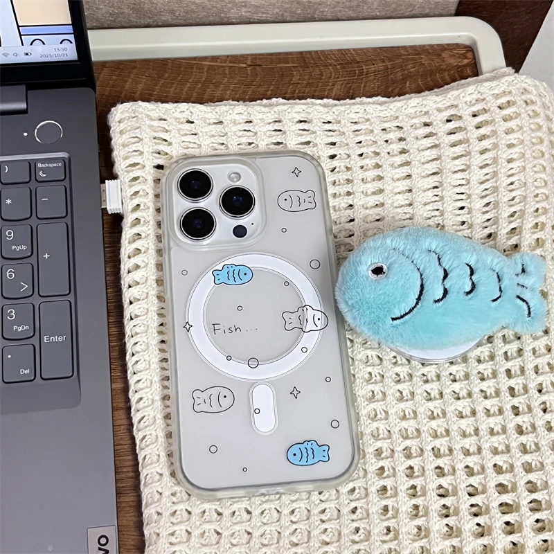 磁吸磨砂肤感线条毛绒小鱼适用16promax手机壳iPhone17苹果15/14