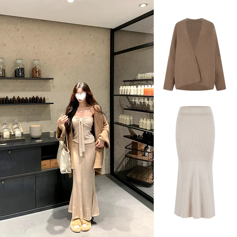 2025早秋新款慵懒风针织开衫毛衣外套包臀鱼尾半身裙两件套女