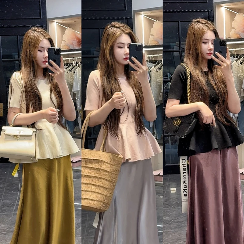 【回忆海岸】 62696圆领掐腰荷叶摆短袖针织衫