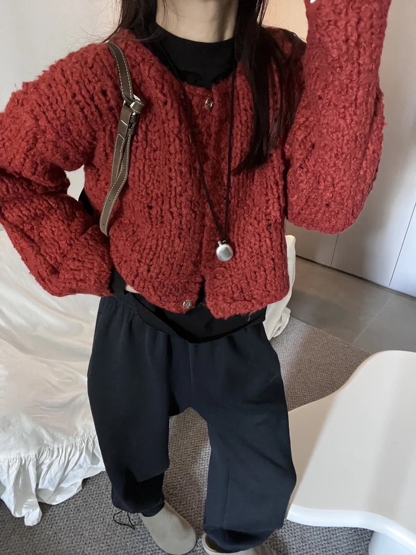 【Miss 程】东大门新品粗线开衫红毛衣