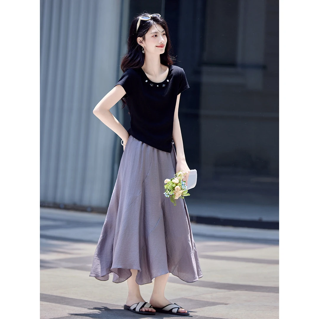 不规则圆领短袖T恤薄款荷叶边半身裙两件套女夏度假休闲套装