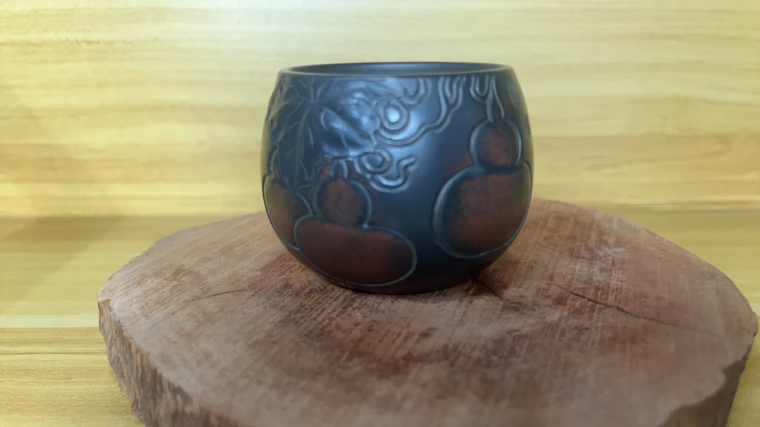 钦州坭兴陶 手工浮雕葫芦造型高档主人杯 满水140毫升