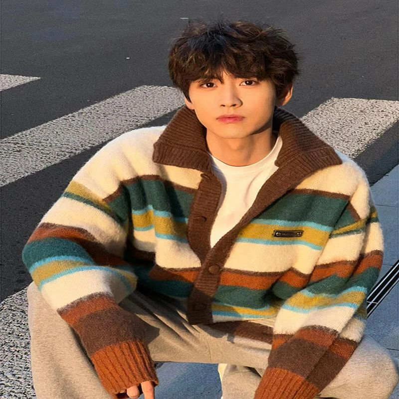 美拉德穿搭男秋季条纹撞色彩色毛衣国潮牌宽松大码慵懒感针织开衫