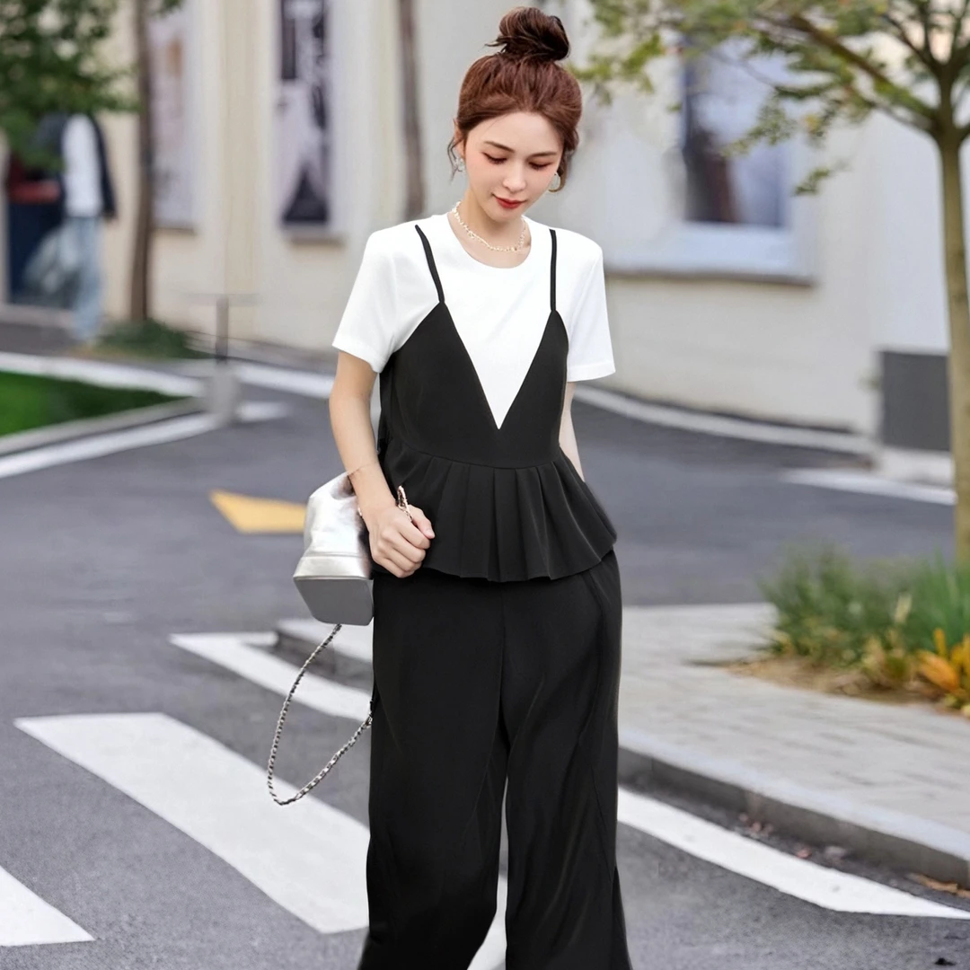 B【两件套】大码女装黑色假两件上衣+阔腿裤夏季巨显瘦套装D2314