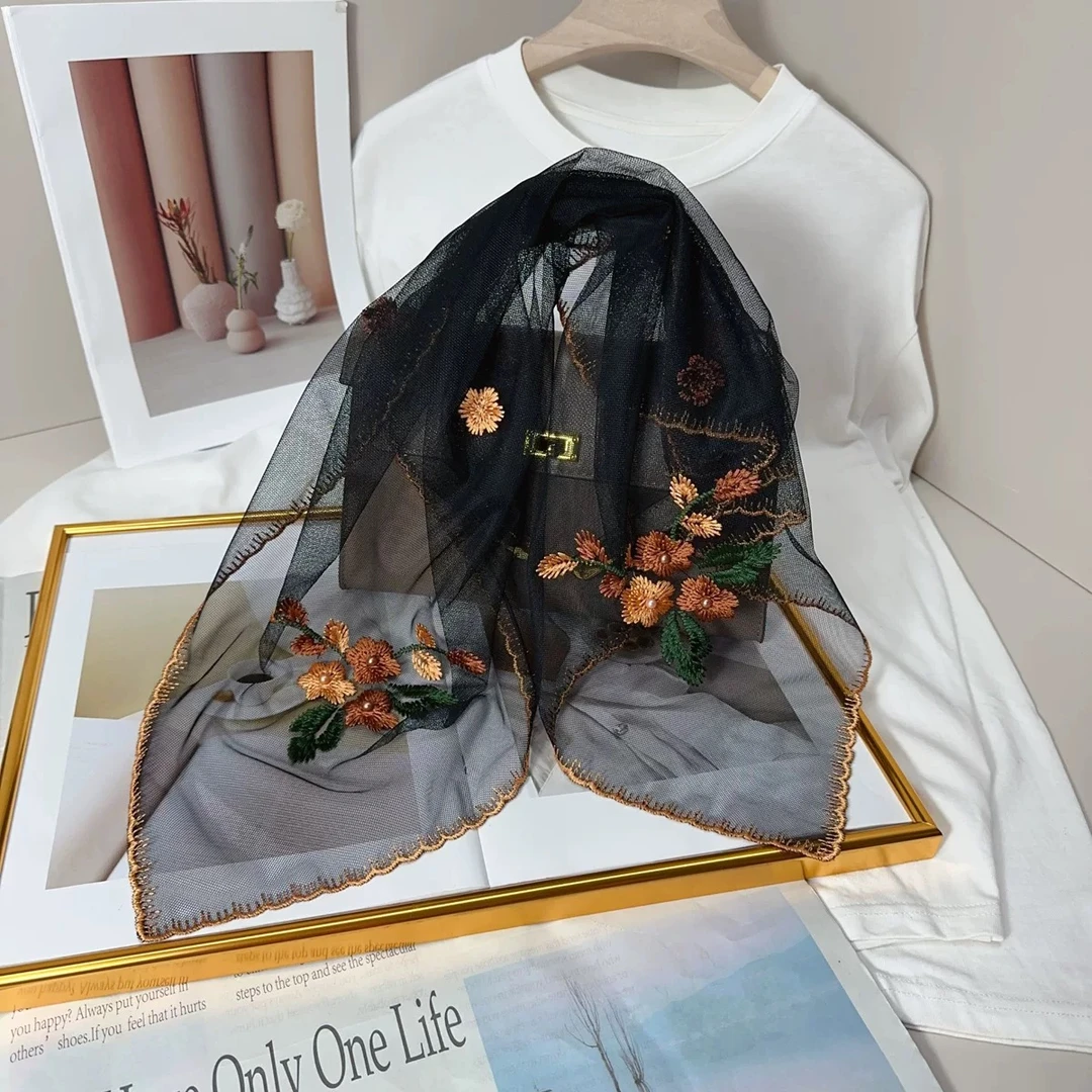 新款精品刺绣磁扣钉珠丝巾多功能时尚百搭舒适