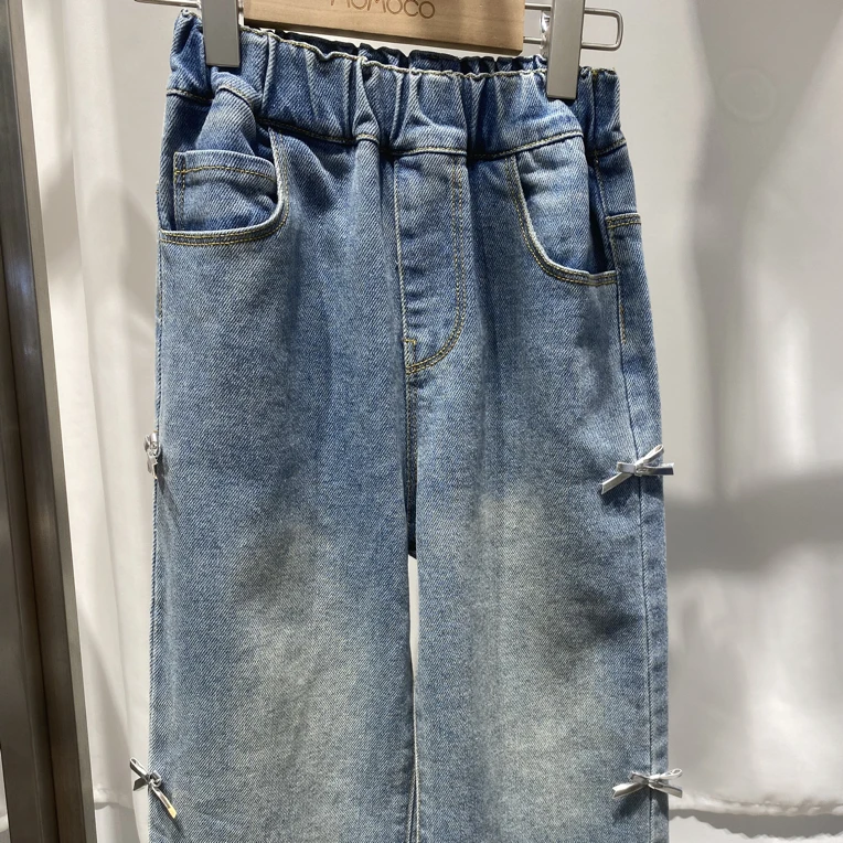 女童侧边蝴蝶结牛仔长裤休闲蓝色