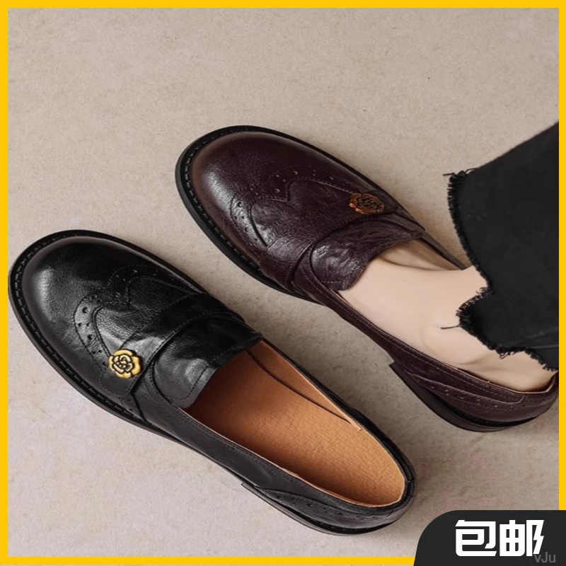 2025新款山茶花软底低跟乐福鞋女英伦风小皮鞋洛克雕花单鞋真皮