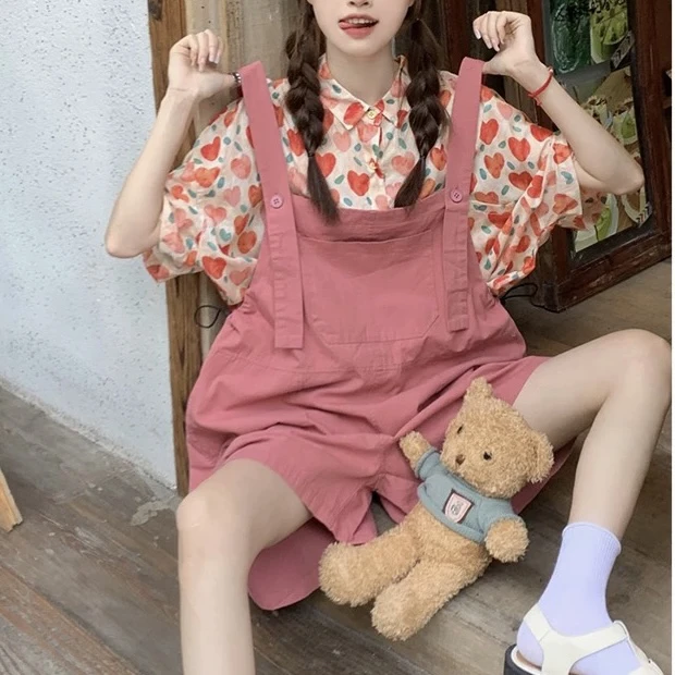 【茄子专属】粉色背带裤女2025新款夏季短裤显瘦遮肉套装两件套