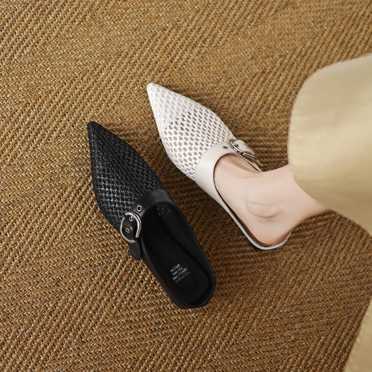 羊皮+编织~1.5cm~法式网纱镂空包头半拖鞋女夏外穿平底凉拖鞋尖头