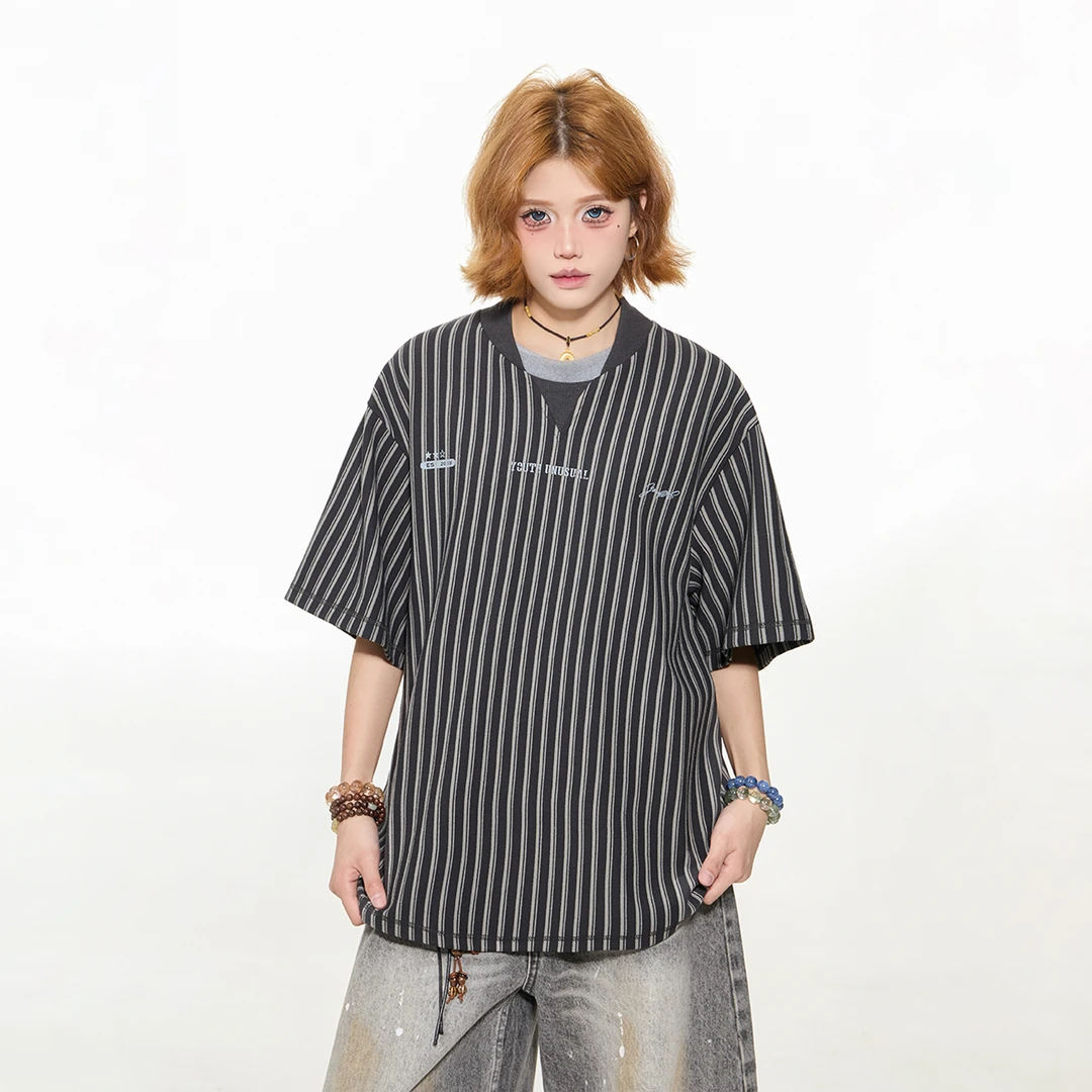 出前一町夏季款复古简约双排竖条纹宽松T恤男女同款休闲百搭短袖