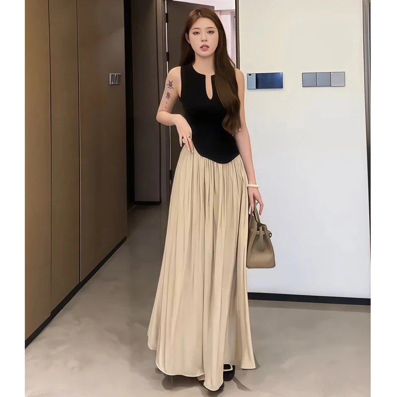 韩系时尚气质穿搭一整套小众设计感U领修身T恤上衣半身裙长裙套装