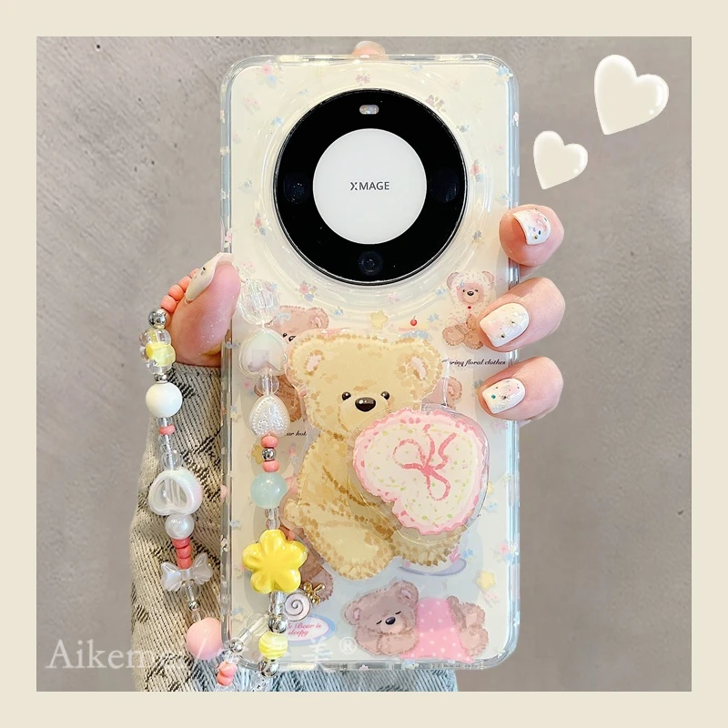 适用华为mate70pro+手机壳可爱卡通mate60pro+布偶小熊带支架链条