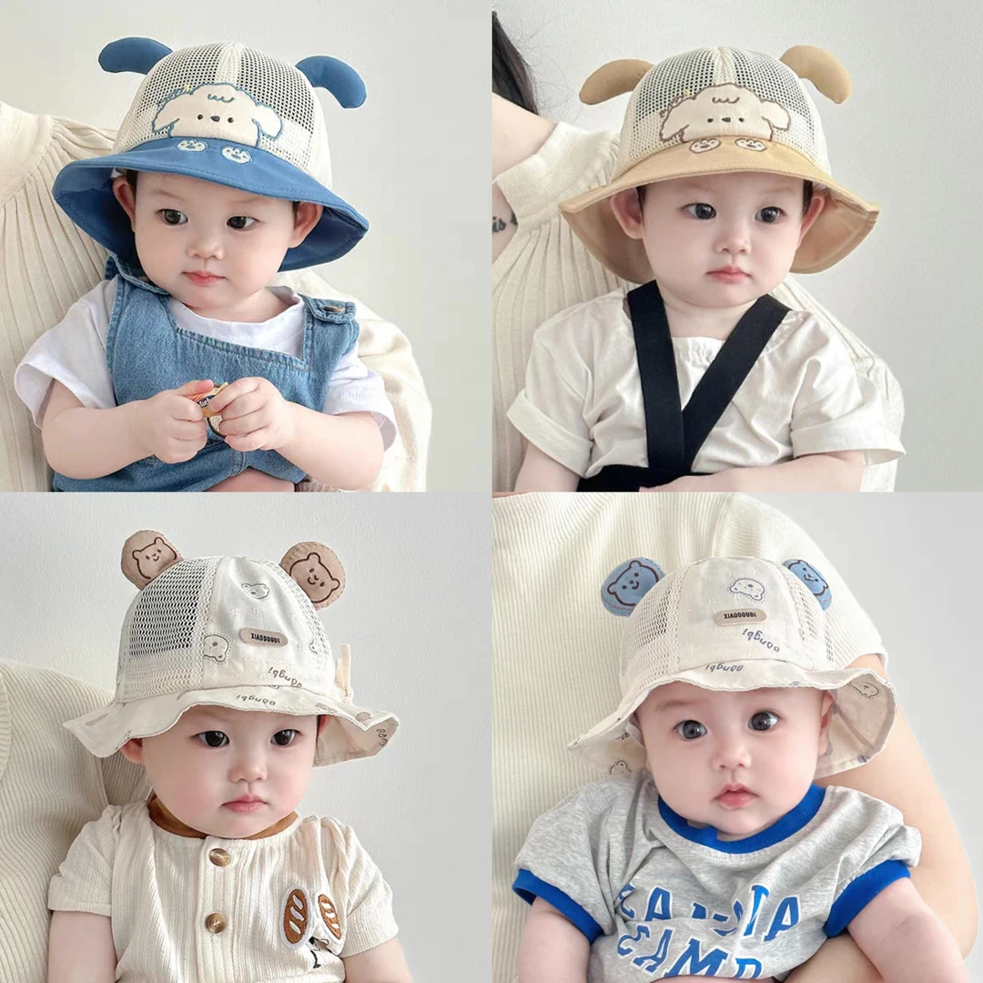 婴儿帽子夏季薄款男女童宝宝韩版透气防晒渔夫帽儿童太阳遮阳帽子