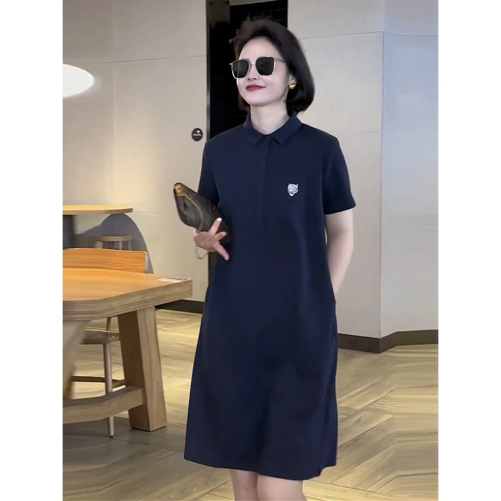 欧货高端大码POLO翻领短袖中长体T恤裙子夏季新款女士休闲连衣裙t