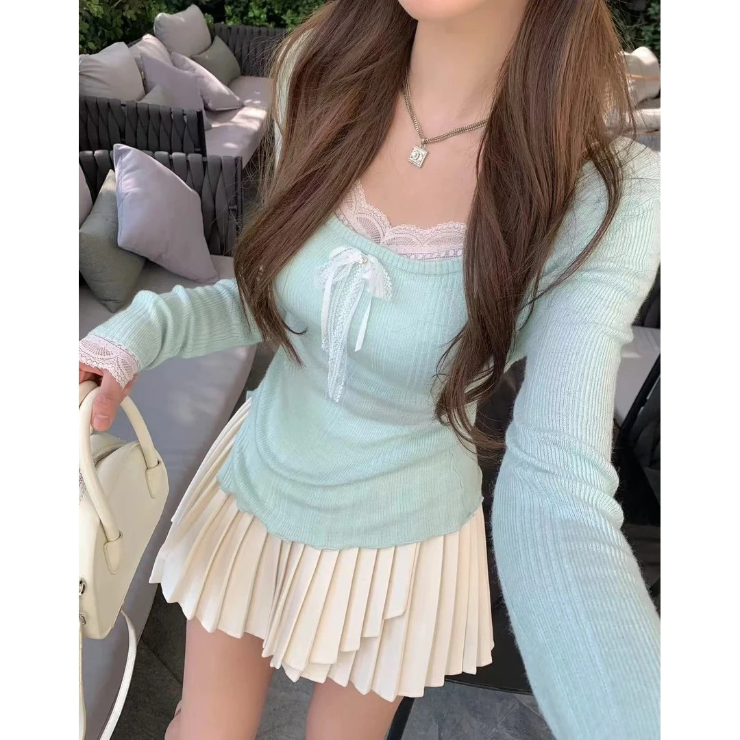 胖mm2025秋款女百搭假两件长袖打底衫蕾丝拼接遮肉显瘦上衣