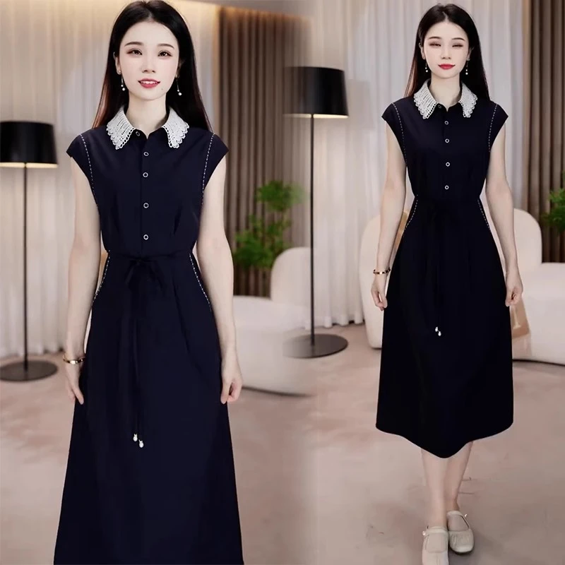 时尚连衣裙女2025夏季新款洋气质收腰显瘦翻领蕾丝拼接中长款裙子