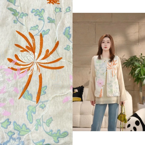 Miss.Z【花韵】新中式亚麻撞色刺绣马甲#m5050