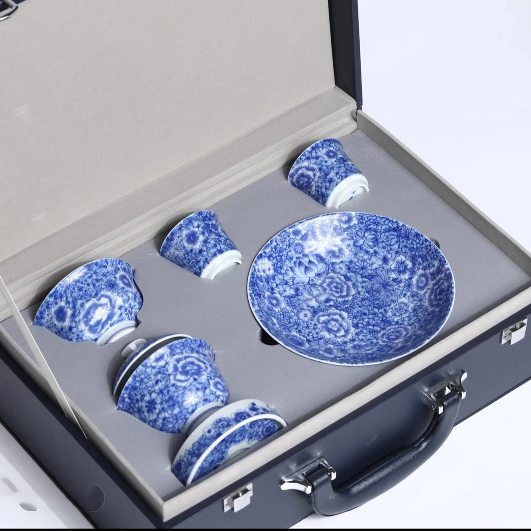 景德镇手工高端釉下彩青花瓷繁花似锦陶瓷茶具套装6件套（带礼盒）