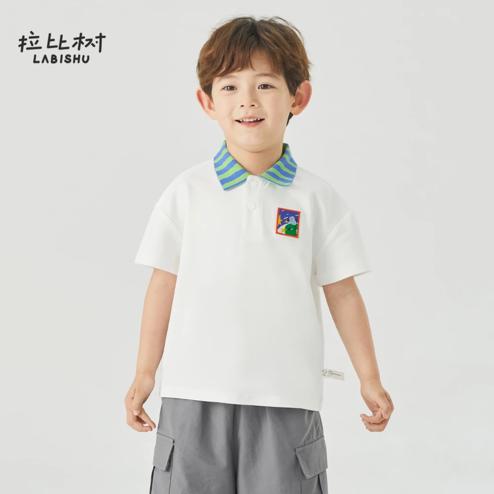 拉比树2025夏季新款儿童斑马撞色翻领POLO衫夏t恤夏季宽松短袖男