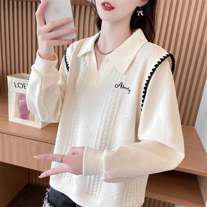 贝壳刺绣polo领卫衣女秋冬韩版宽松加绒加厚撞色洋气百搭上衣外套