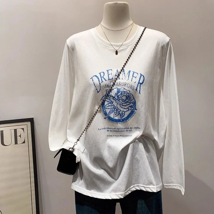 韩系简约字母玫瑰印花雪花棉长袖T恤防晒衫夏季女宽松显瘦上