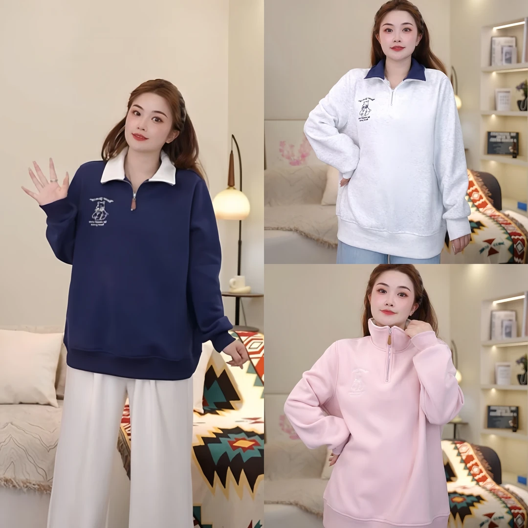 梦丞大码加绒卫衣撞色POLO领半拉链刺绣套头卫衣女秋冬加绒外套