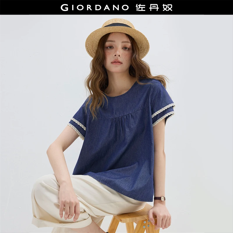 佐丹奴衬衫女装夏季纯棉薄牛仔圆领双层蕾丝短袖衬衫 18345907