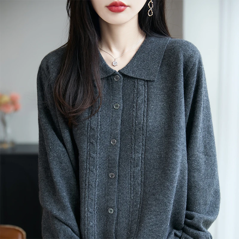 羊范法式复古麻花POLO领针织开衫女外套毛衣2025新款宽松外搭上衣