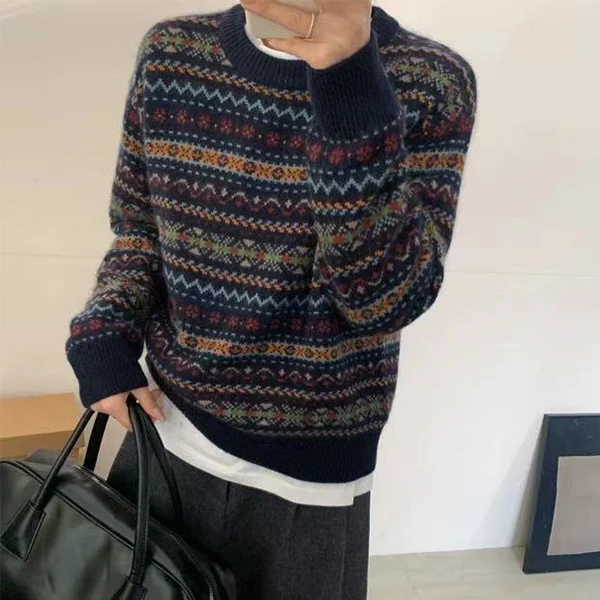 *毛衣百搭慵懒风宽松拼色条纹时尚提花圆领套头秋冬针织衫-9629
