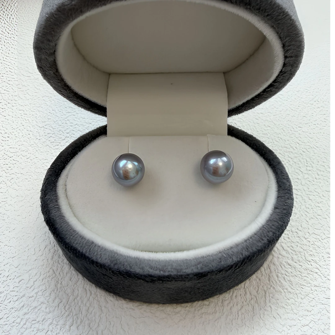DH064 铂金灰珍珠耳钉9-10mm正圆极强光时尚简约百搭款/s925银针