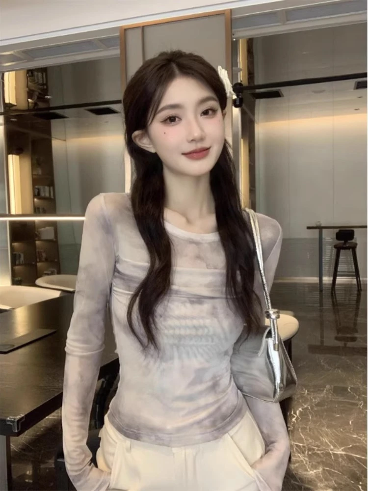 纯欲风晕染双层网纱罩衫女长袖夏装薄款胖MM修身显瘦防嗮上衣