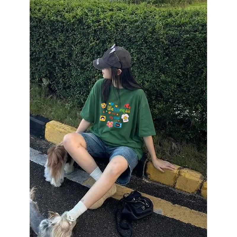 阿颖日记【806】墨绿色纯棉短袖T恤女宽松显瘦创意印花圆领休闲上衣