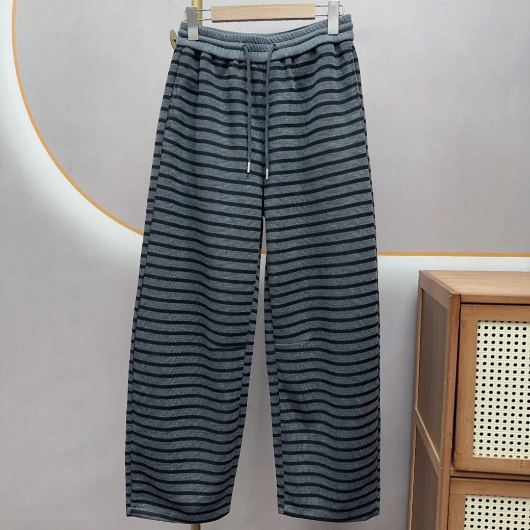 【鑫亚优选】2025春款精梳棉灰色条纹直筒裤