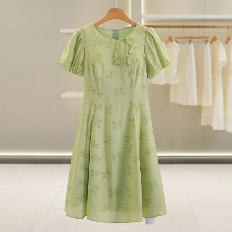 【菲菲上身款】新中式提花盘扣显瘦圆领连衣裙#QYX56L03212#L032