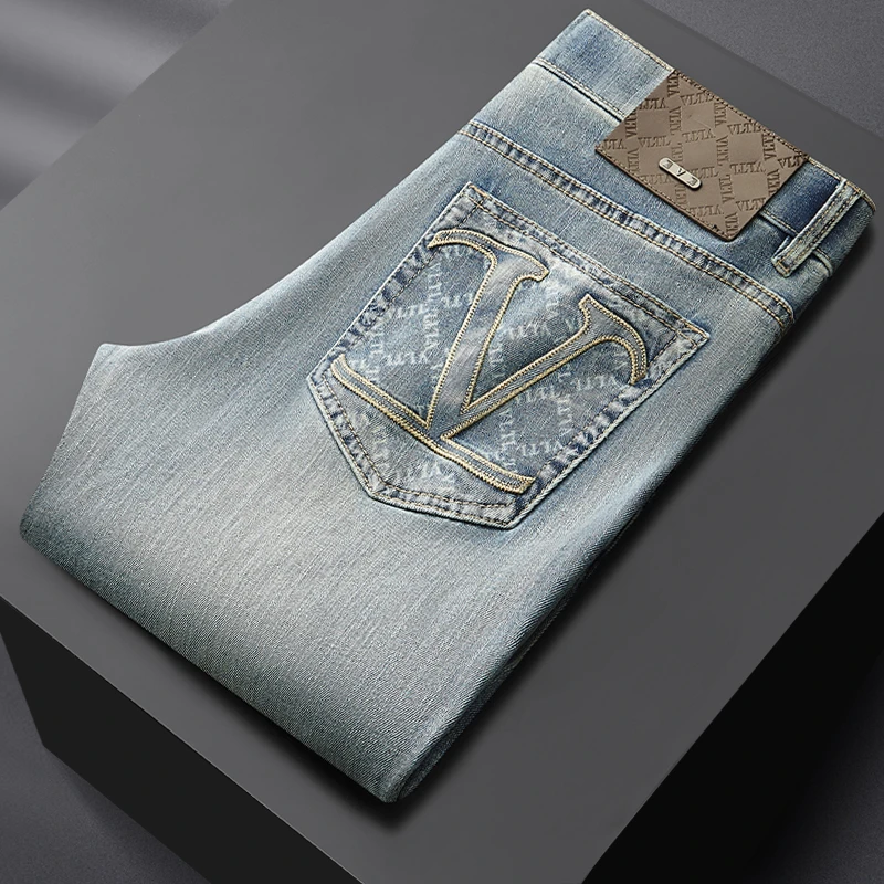 高级感男士休闲长裤洗水凸胶春夏季薄款蓝色棉牛仔裤2025新款男