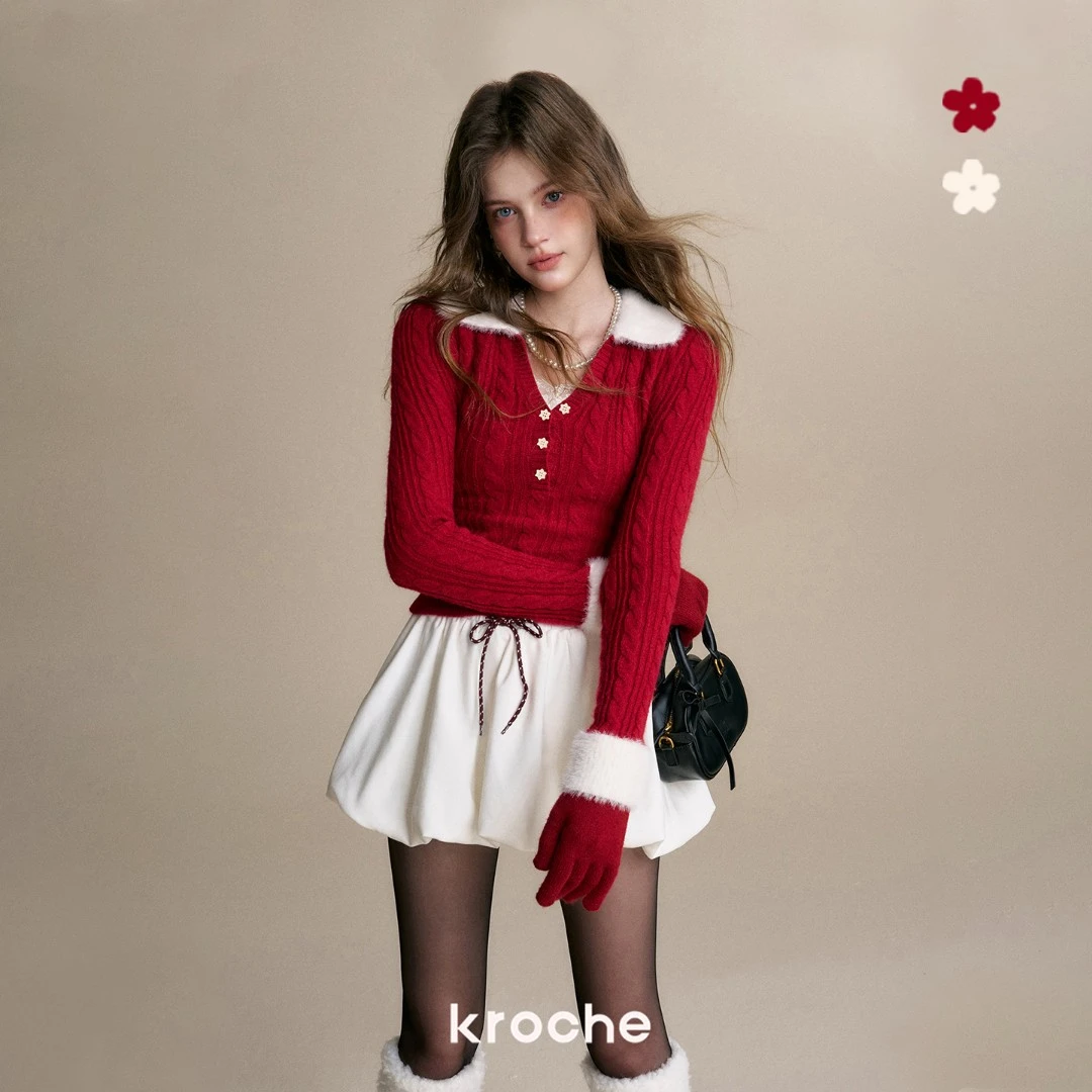 《旺旺雪宝专属》Kroche 定制雪花扣 毛绒拼接翻领麻花纹长袖针织衫