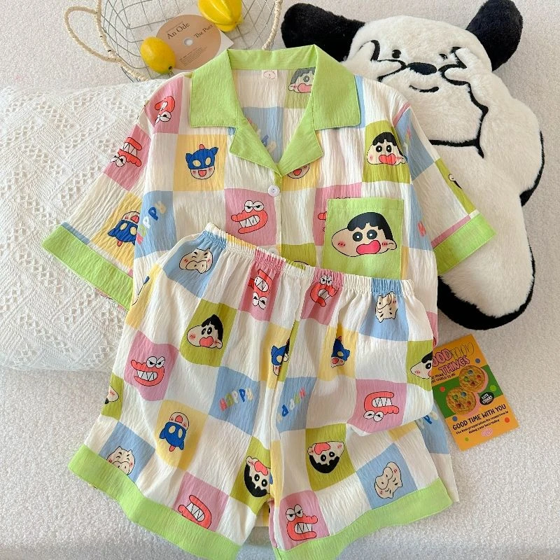 蜡笔小新睡衣女春秋2025新款可爱日系云朵棉短袖卡通可外穿家居服