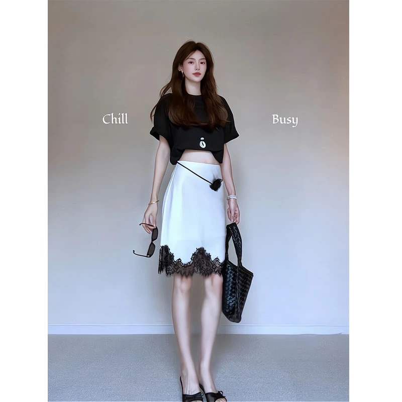 千金清冷感贵系衣服辣妹正肩短袖t恤上衣拼接半身裙百搭短裙半裙
