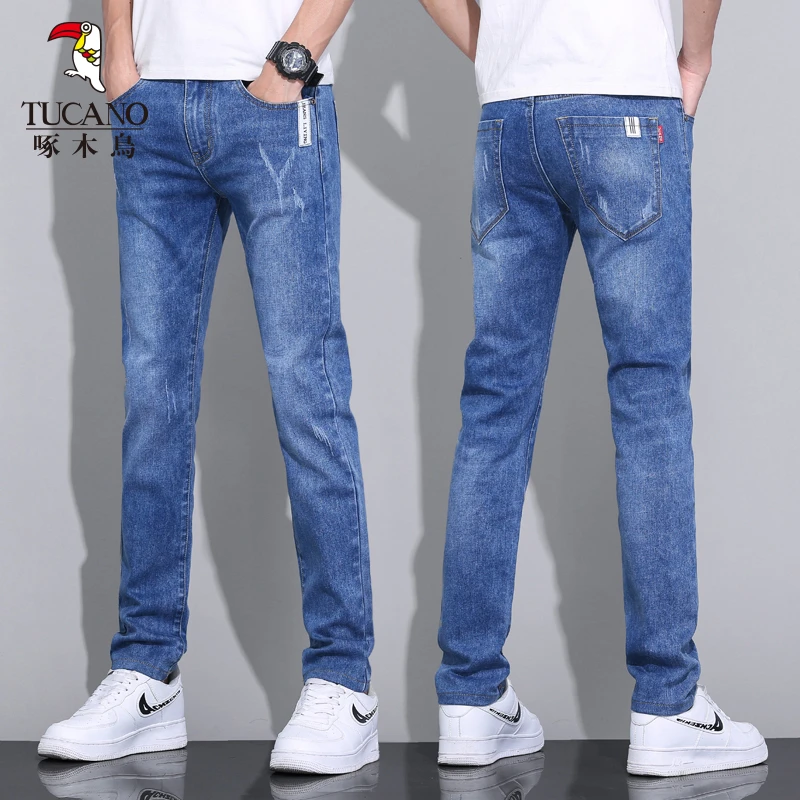 啄木鸟高端牛仔裤男款夏季薄款弹力修身小脚裤子男士休闲直筒长裤
