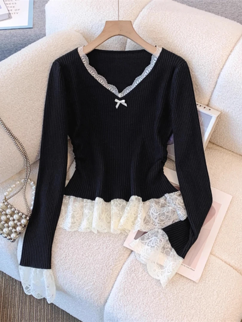 假两件蕾丝V领浅蓝色针织衫女2024秋冬春款纯欲内搭毛衣针织上衣
