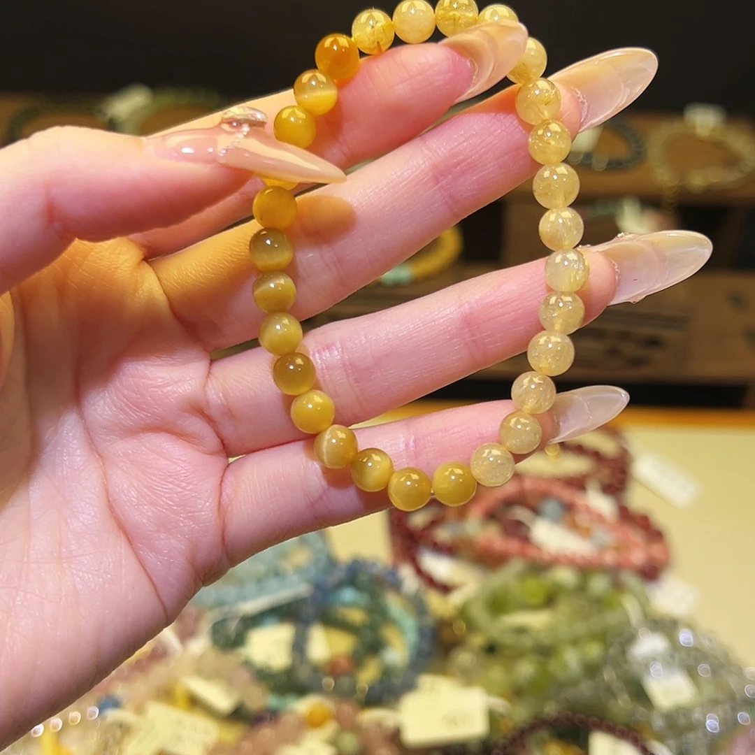 水晶手链银S925镶嵌金发金虎眼双拼
