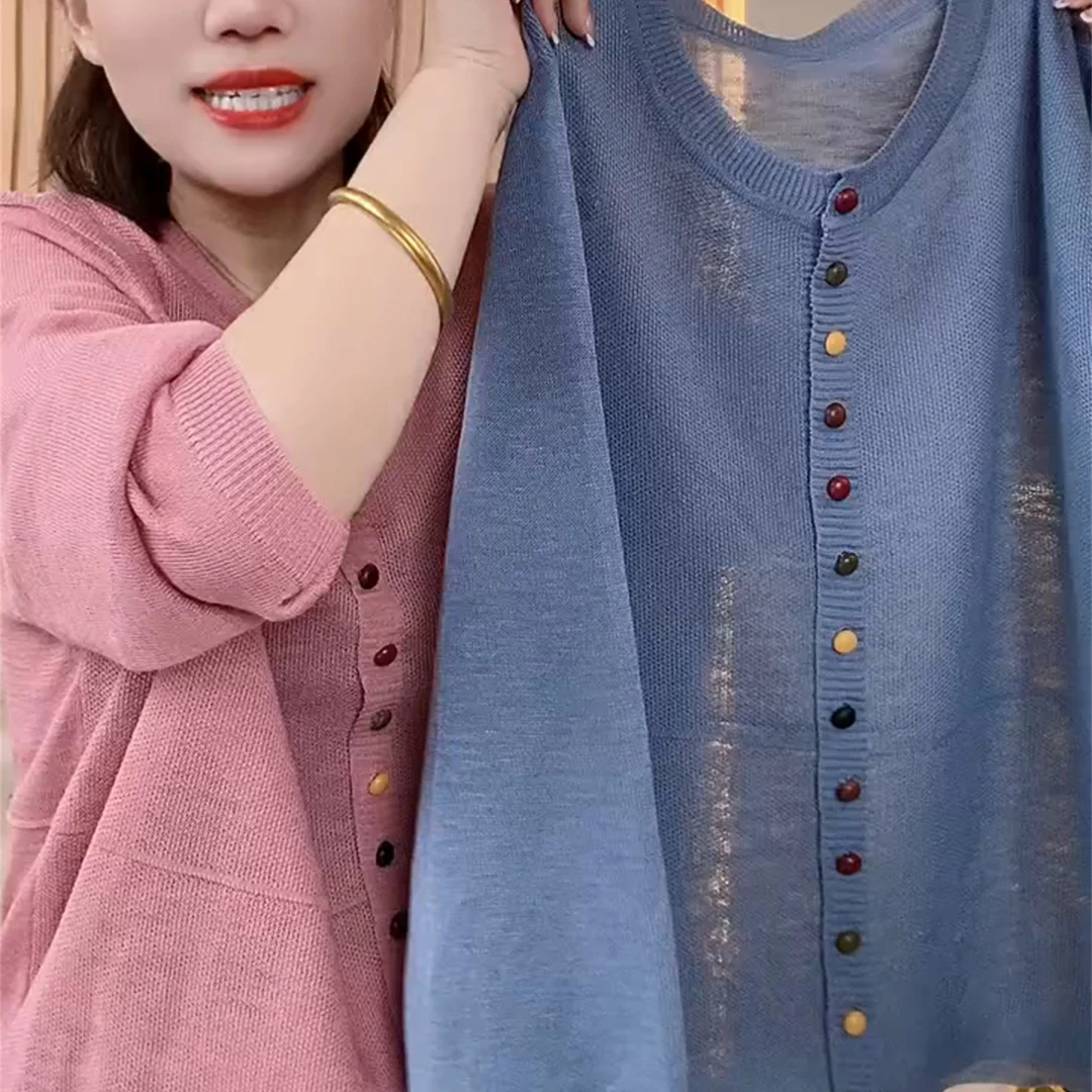 圆领彩扣设计针织开衫外套女夏季时尚减龄休闲风长袖防晒空调衫潮