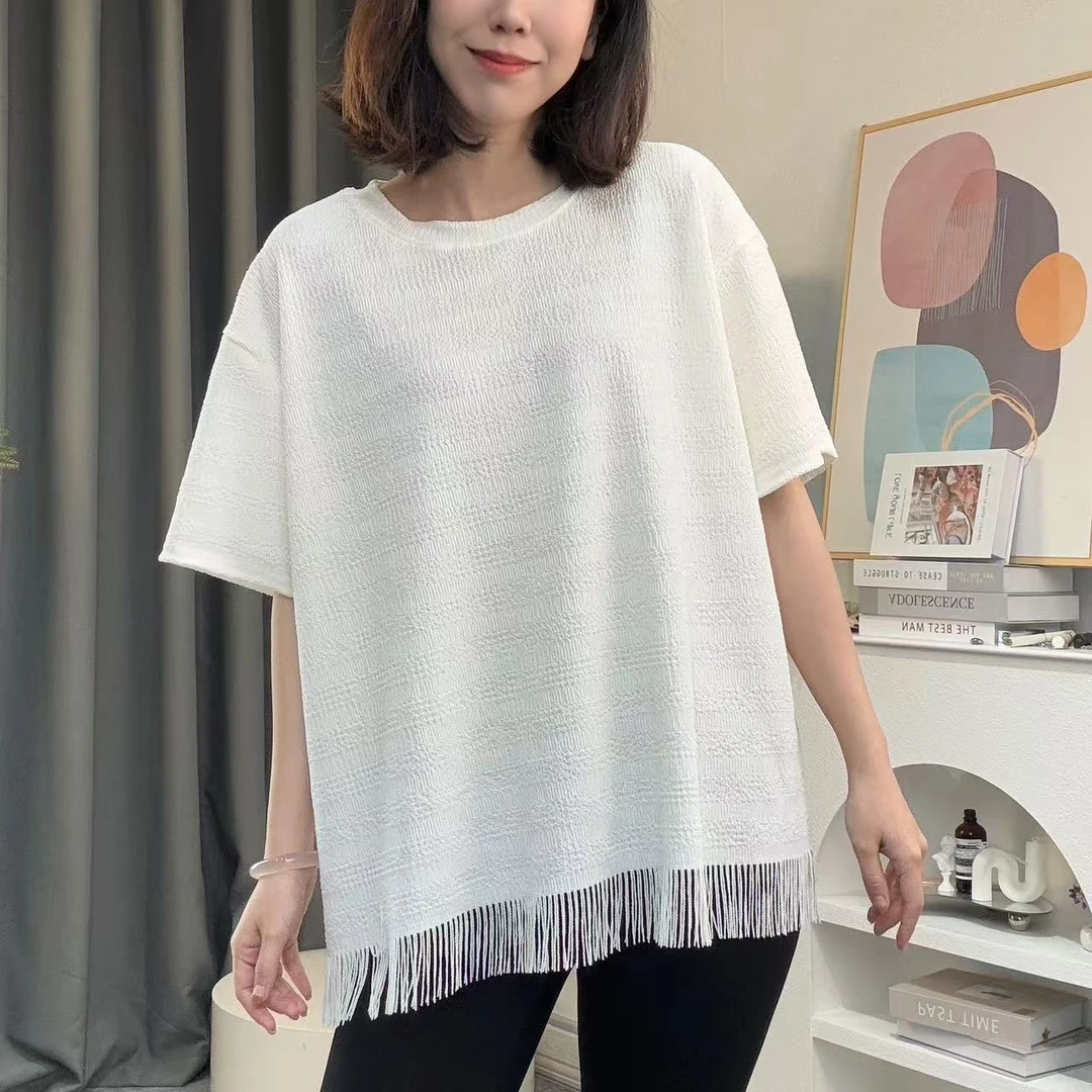 春夏新款纯色大版型宽松流苏设计短袖T恤G7762