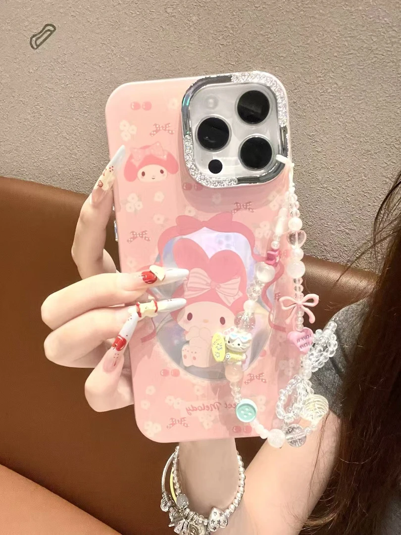 卡通可爱美乐蒂绸缎纹壳适用苹果16/15/14/13防摔手机壳